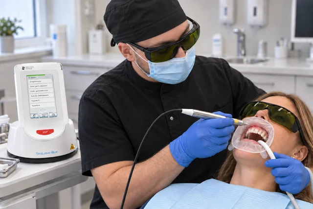 Иллюстрация лазерной пластики десны: врач с SiroLaser Blue, ретрактор OptraGate и защитные очки
