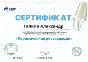 Александр Дмитриевич Галкин Сертификат «Керамические реставрации»