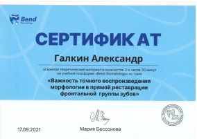 Александр Дмитриевич Галкин Сертификат «Важность точного воспроизведения морфологии в прямой реставрации фронтальной группы зубов»